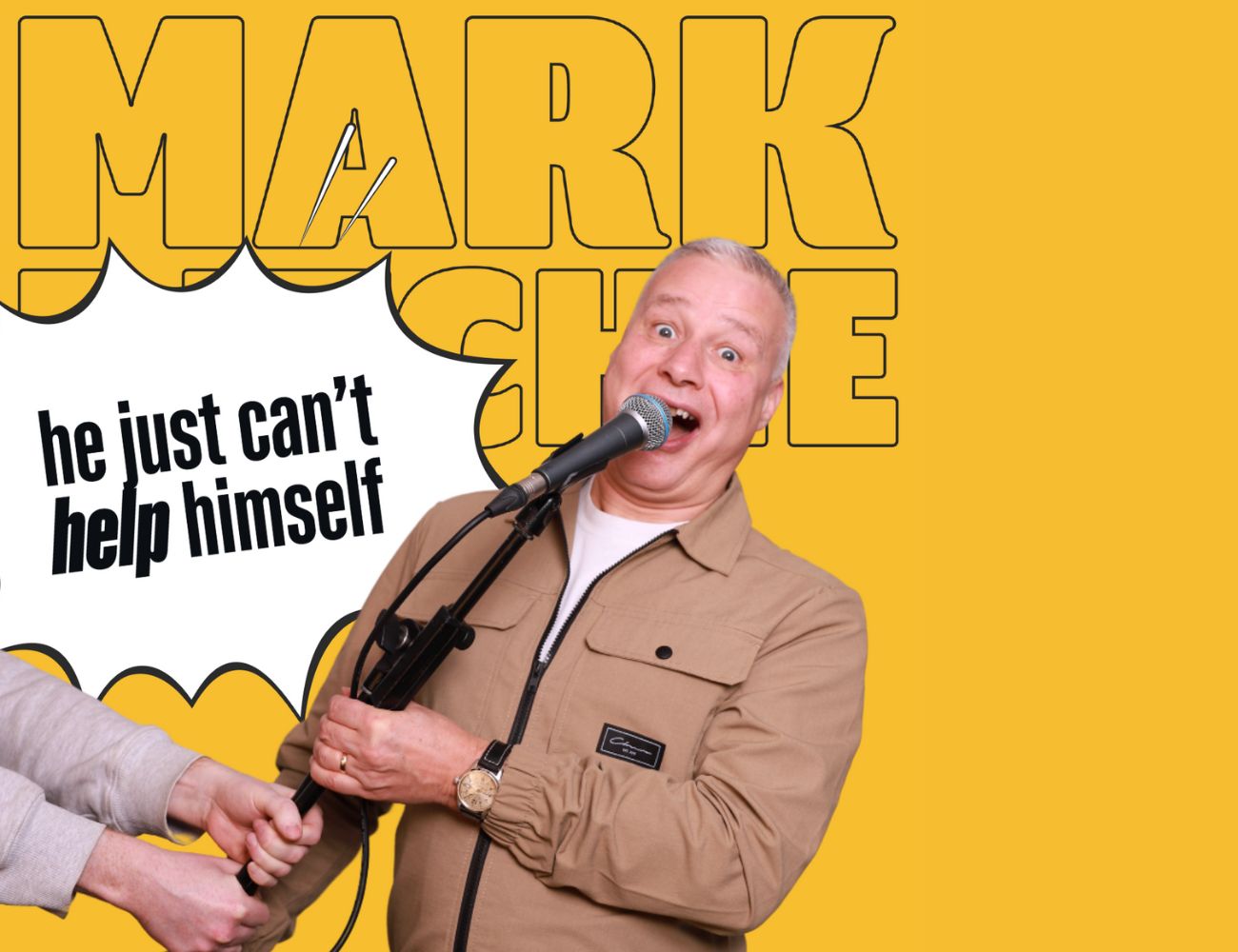 Mark Ritchie with a microphone and stand. Text reads Mark Ritchie he just can't help himself